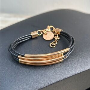Elixa Black Leather and Rose Gold Stainless Steel Bracelet